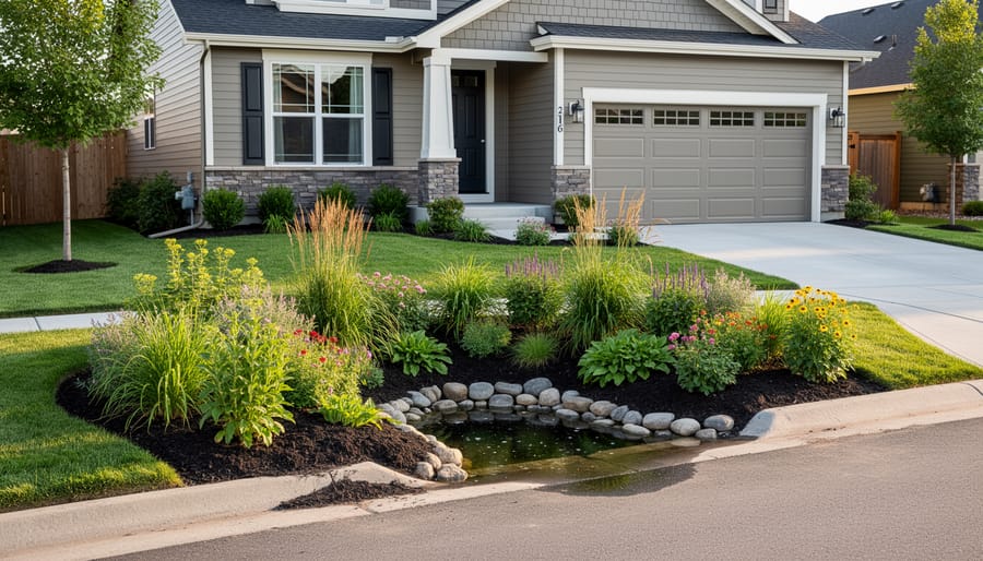 Rain garden with native plants and decorative stones beside residential home during rainfall