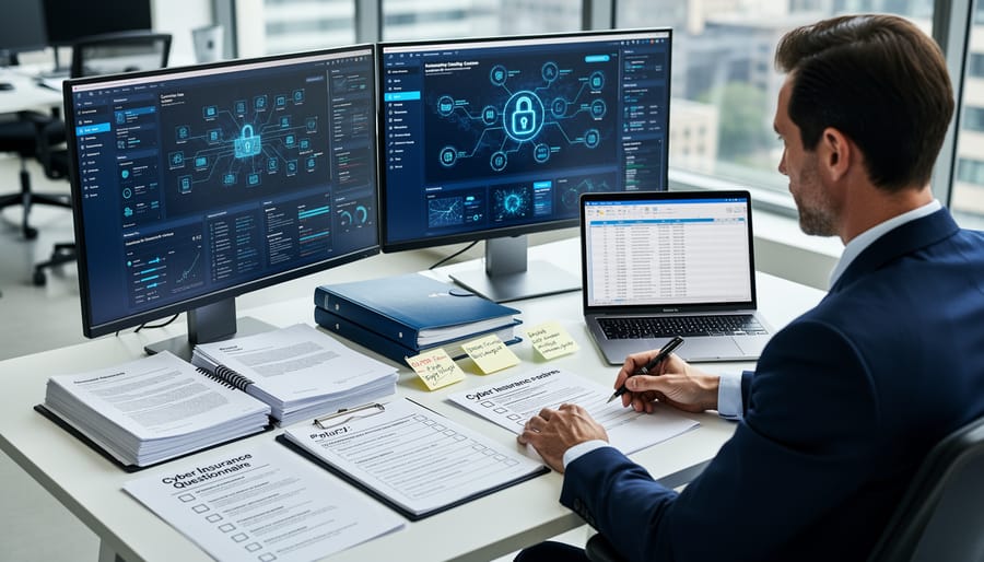 Business professional reviewing security compliance documents and forms at desk