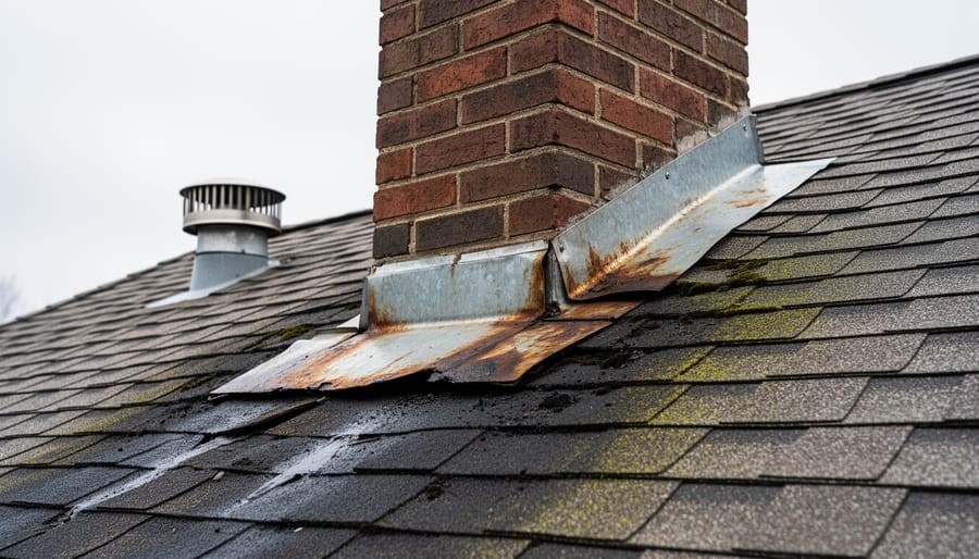 Damaged and corroded roof flashing around chimney showing gaps and deterioration