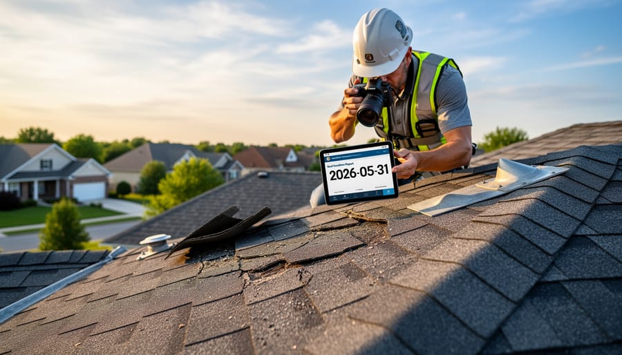 Homeowner documenting roof condition with smartphone from safe ground position
