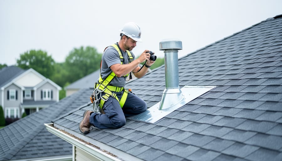 Roof inspector in safety harness and hardhat kneeling on asphalt shingles, inspecting metal flashing around a vent pipe and taking photos; gutter edge and roof valley visible with blurred suburban homes and trees in the background under bright overcast light.
