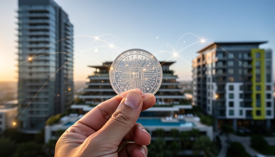 Close-up of a hand holding a translucent circuit-patterned token at golden hour, with a blurred background of an apartment high-rise, luxury resort, and student housing subtly linked by glowing network lines, representing blockchain-based fractional real estate ownership.