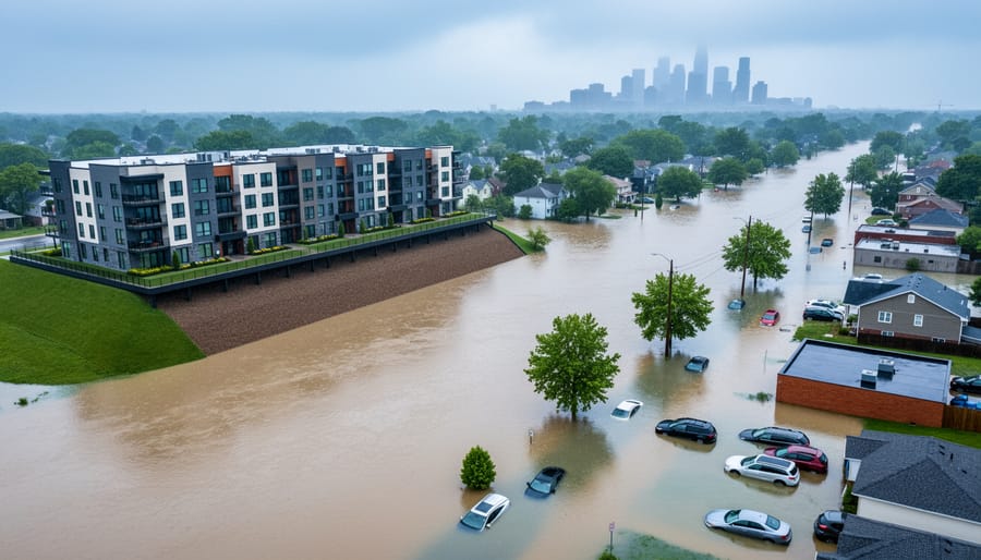 Aerial oblique view of a modern apartment complex on elevated ground remaining dry while nearby low-lying streets and homes sit in floodwater beside a swollen river under overcast skies.