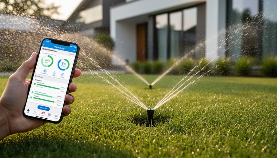 Smart sprinkler system watering lawn with efficient spray pattern and water droplets on grass