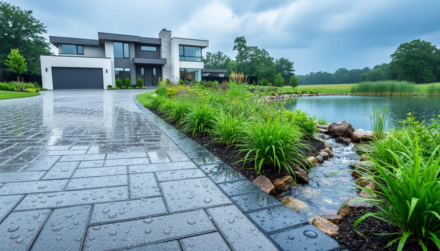 Low-angle ground-level view of a modern home with a wet permeable paver driveway draining into a planted bioswale, with a small retention pond and soft storm clouds in the background.
