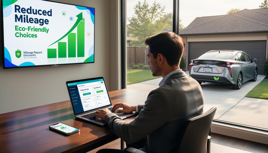Woman working from home office with hybrid vehicle visible in driveway outside window