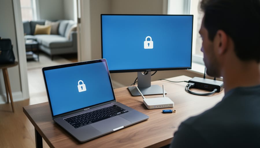 Over-the-shoulder view of a remote worker photographing a company laptop, monitor, router, and hardware security key on a tidy home office desk; the laptop shows a simple lock icon without text, with soft daylight and a blurred doorway and briefcase suggesting client visits.