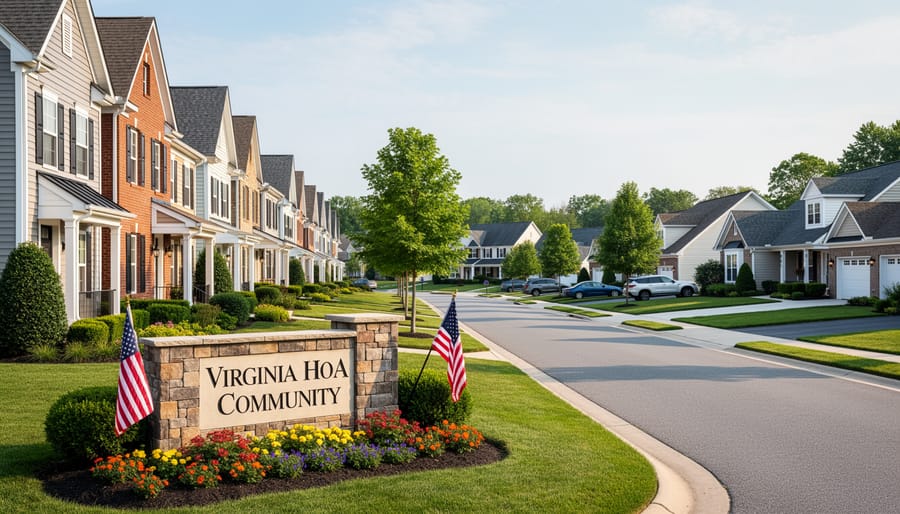 Suburban townhouse community entrance showing HOA-managed property with landscaping