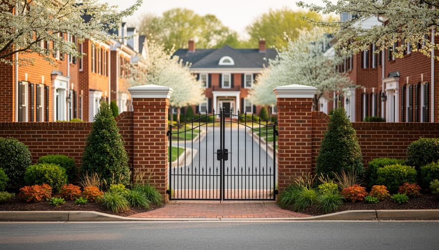 Eye-level photo of a Virginia red-brick townhouse community entrance with manicured landscaping, brick pillars, and a wrought-iron gate; background townhomes and tree-lined street softly blurred in late-afternoon light.