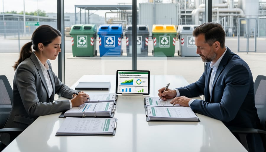 Property manager documenting waste management practices for insurance compliance review