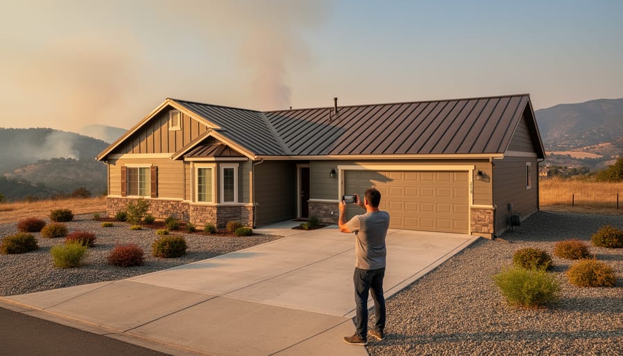 Homeowner filming the exterior of a fire-hardened suburban house with metal roof, ember-resistant vents, gravel perimeter, and a cleared 30-foot defensible space as light wildfire smoke hangs over distant hills at golden hour.