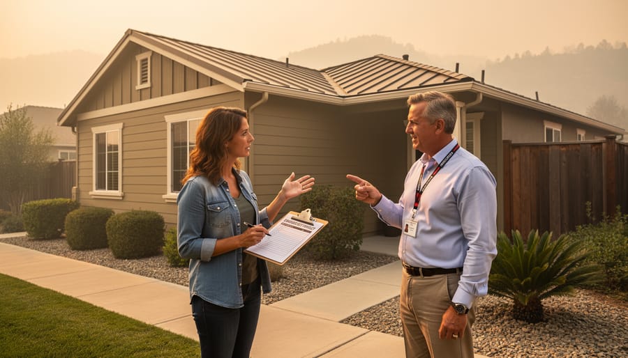 Renter and property manager outside a suburban rental home discussing wildfire preparedness, with trimmed defensible space, gravel perimeter, and metal roof visible against lightly smoky distant hills.