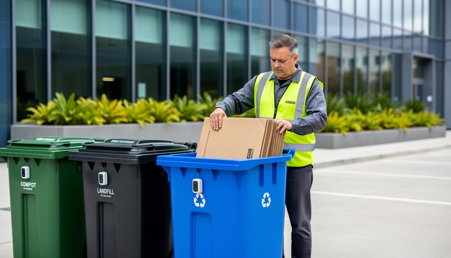 Facilities manager in a high-visibility vest placing flattened cardboard into a blue recycling bin next to green compost and black landfill bins with a small sensor, in a clean loading area of a modern commercial building under soft daylight, background softly blurred.