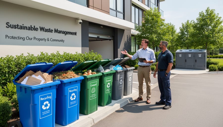 Color-coded recycling and composting bins in modern commercial building waste management area