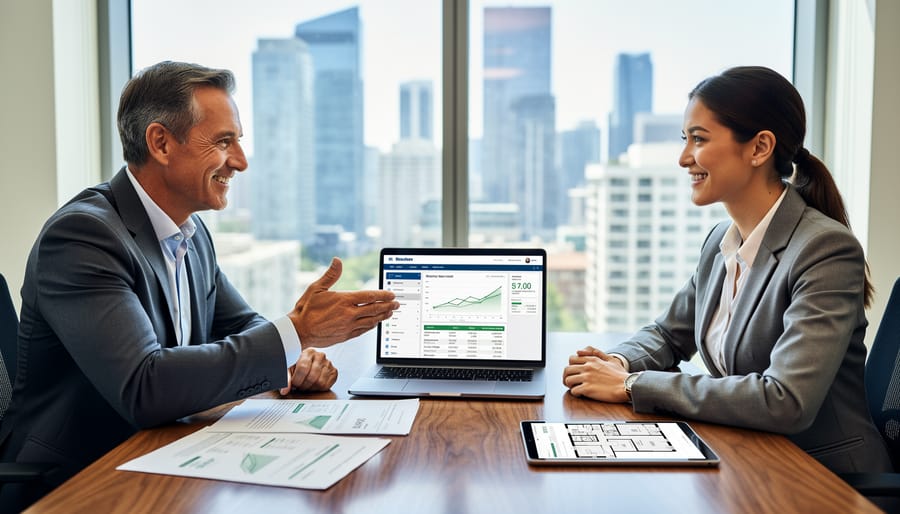 Financial advisor shaking hands with clients during consultation meeting