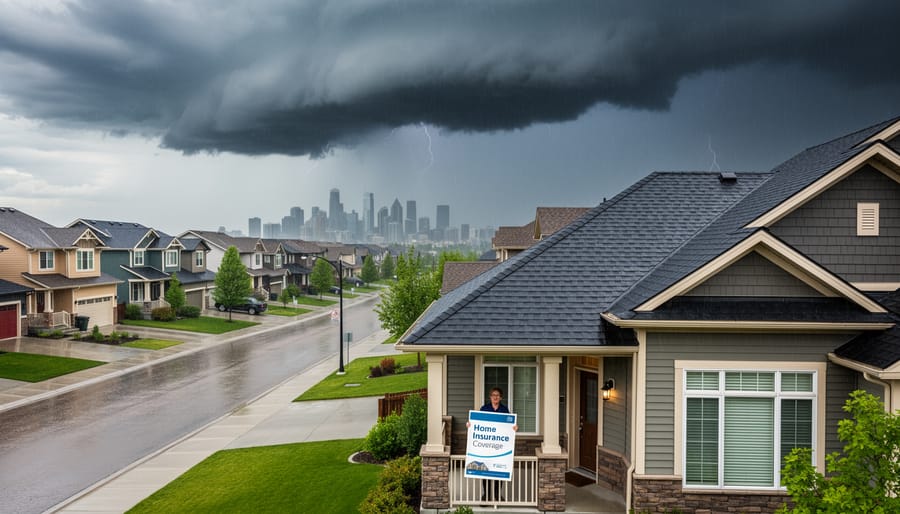 A person stands near a detached house with hail-damaged roof shingles in stormy Calgary weather.