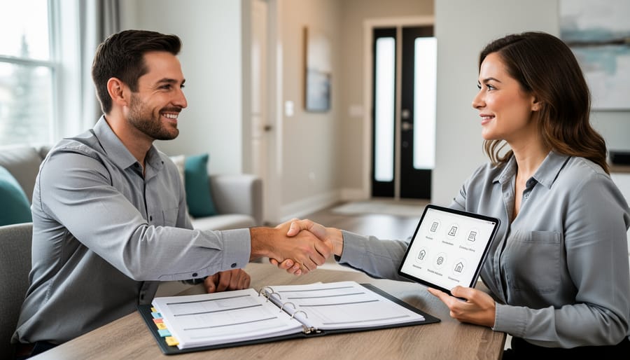 A homebuyer and insurance broker meet in a living room over an open binder, conveying personalized home insurance guidance in Calgary.