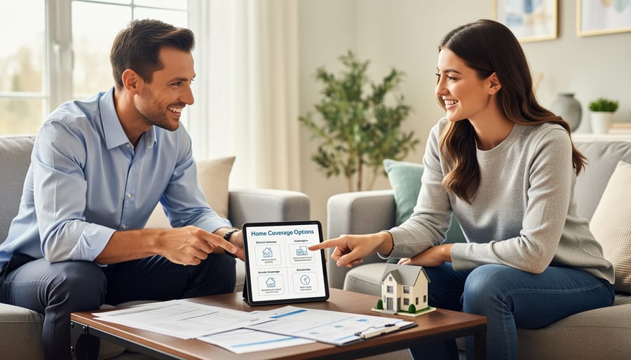 A homebuyer and insurance broker review home insurance details at a table while looking toward a window.