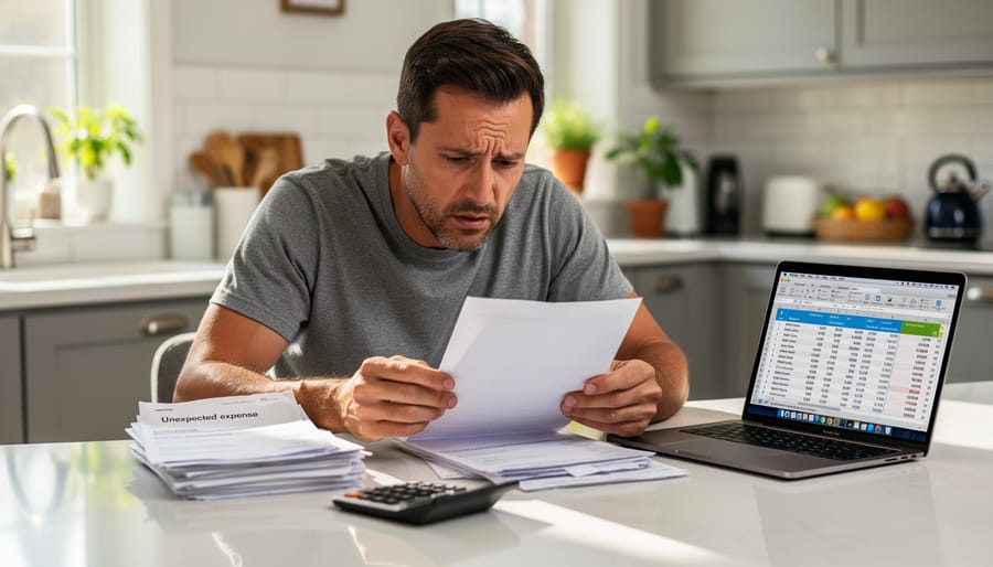 Homeowner seated at a kitchen table reviewing financial documents while holding a smartphone with a finance app screen showing no readable text