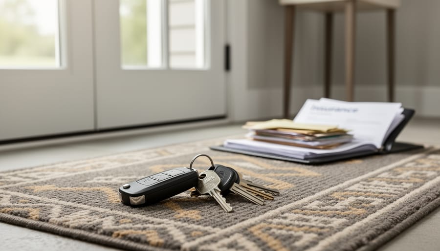 Car keys resting on a welcome mat in front of a new home