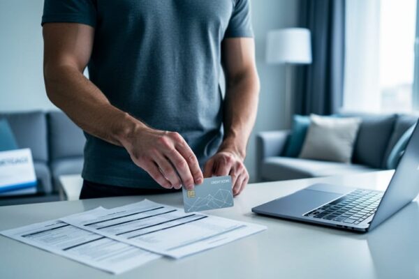 “Homebuyer reviewing financial documents for a home loan with credit score materials on a table in a modern living room.”