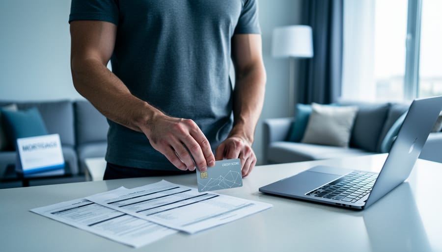 “Homebuyer reviewing financial documents for a home loan with credit score materials on a table in a modern living room.”