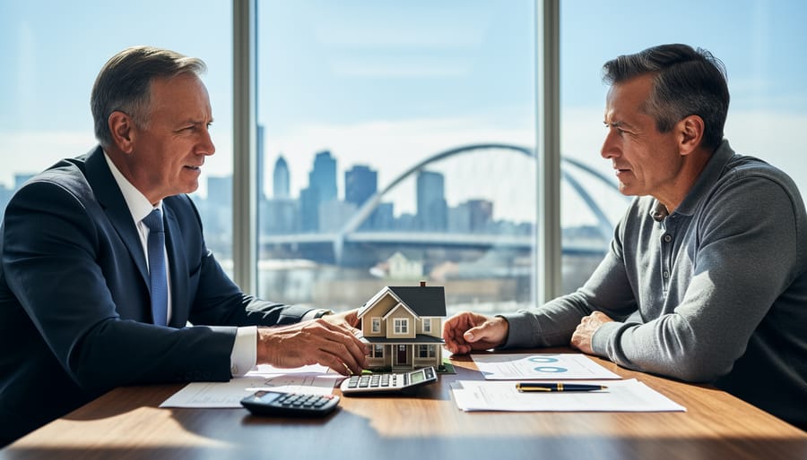 Financial advisor and real estate investor at a table with a small house model and calculator, Edmonton skyline and Walterdale Bridge softly blurred outside a large window, natural daylight.