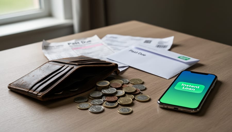 Close-up of Canadian coins and an empty wallet on a wooden countertop beside an unreadable document