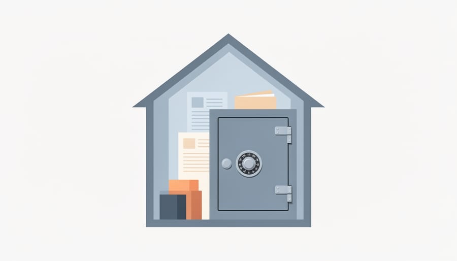 A concrete-and-steel house-shaped vault door with a subtle glowing lock representing secure home insurance coverage.