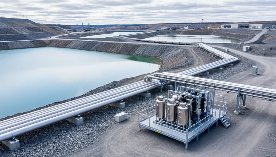 Canadian mining operations site featuring interconnected pipelines and a water treatment skid beside a tailings facility, suggesting integrated mine water management.