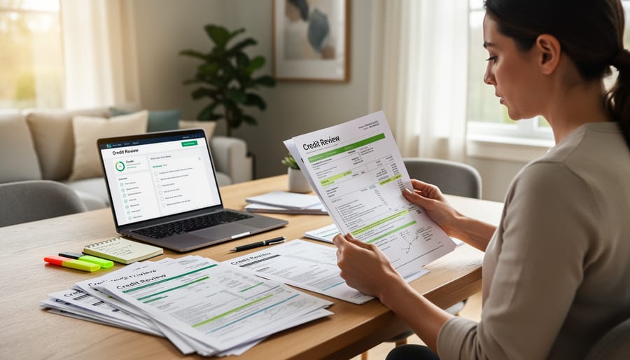 Person reviewing printed credit reports and organizing documents on a kitchen table