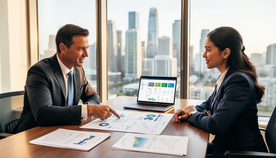 Financial advisors reviewing real estate investment documents with clients in modern office