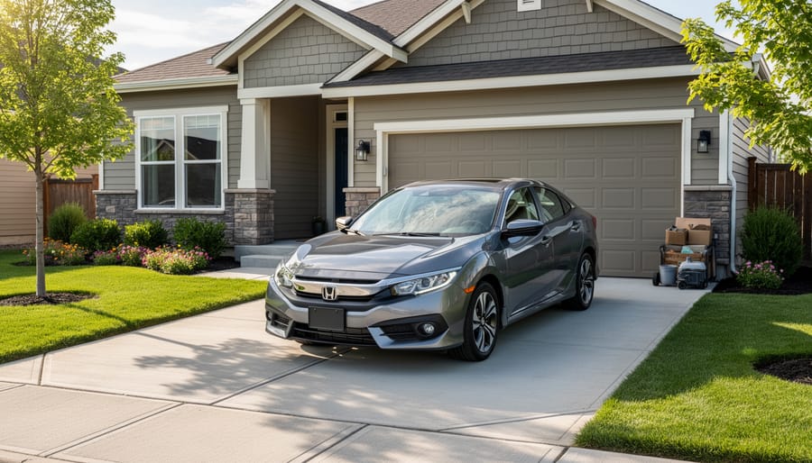 Parked sedan in a residential driveway with an open garage door