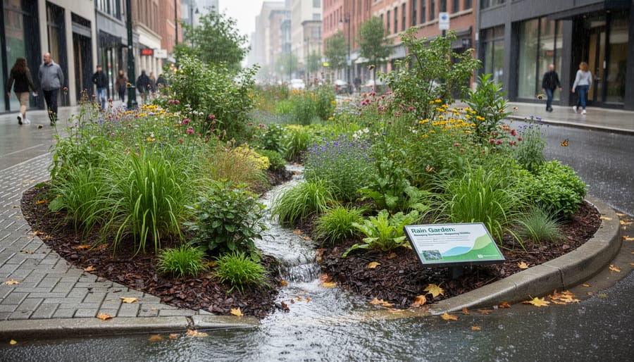 Residential backyard rain garden with flowering native plants after rainfall
