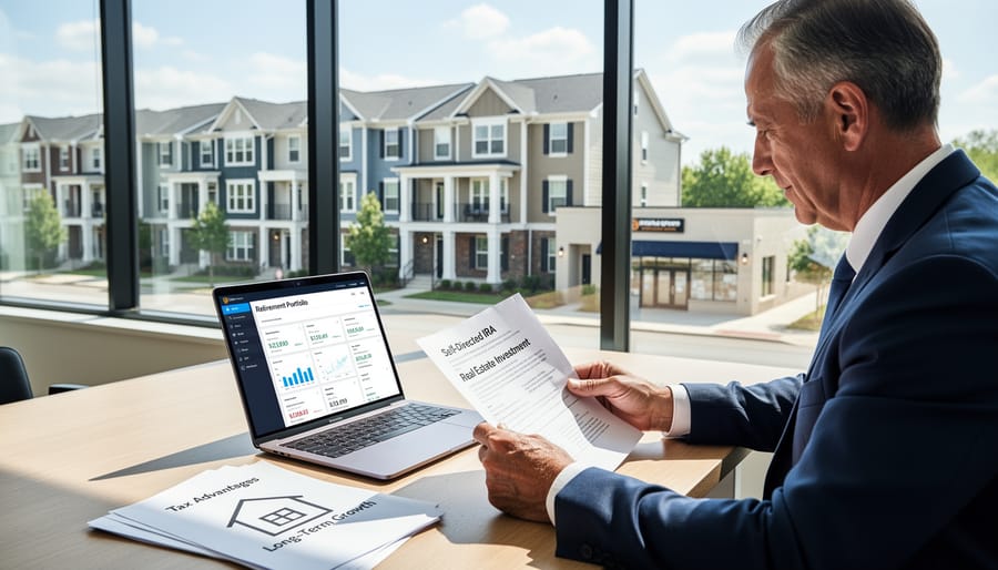 Retirement planning documents with house model showing real estate investment strategy