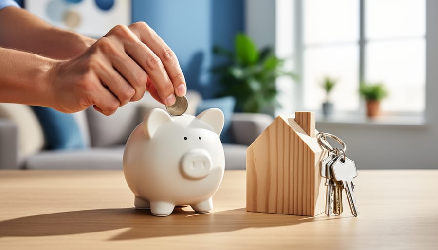 Hands place a coin into a white piggy bank next to a small wooden house model and house keys on a wooden table, with a softly lit modern living room blurred in the background