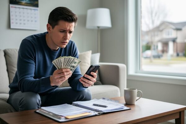 “A concerned homeowner in a living room holding cash while looking at a smartphone and overdue bills on a coffee table.”