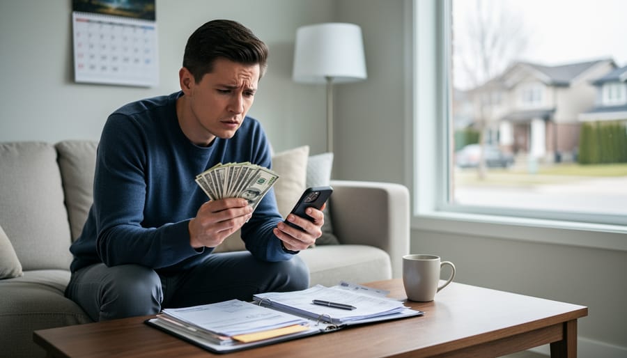 “A concerned homeowner in a living room holding cash while looking at a smartphone and overdue bills on a coffee table.”