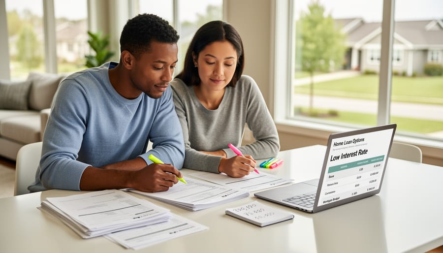 A couple reviewing mortgage paperwork and calculating monthly costs at a kitchen table