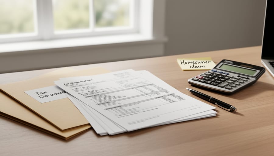 Close-up of hands holding insurance claim documents next to a calculator on a wooden table
