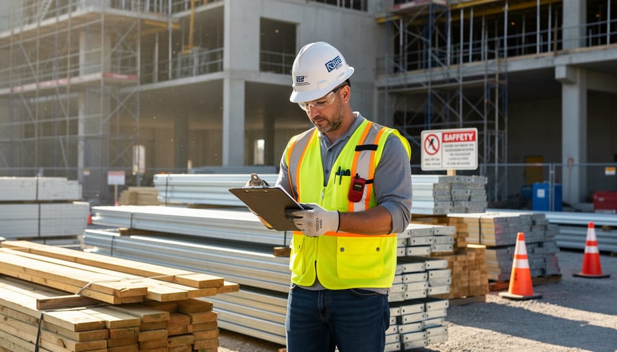 Construction worker in safety gear inspecting wrapped building materials on a job site
