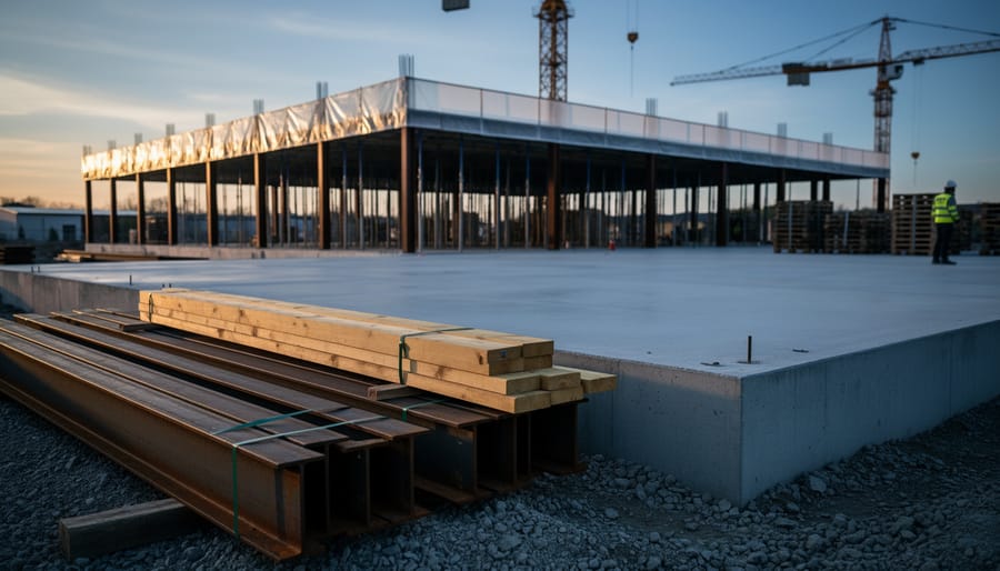 Construction site with steel beams and timber bundles in the foreground, suggesting ethical supply-chain risk for real estate development and financing.