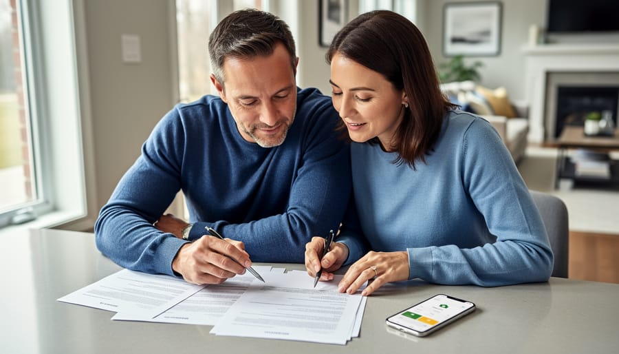 A couple reviews mortgage documents at a table in a bright home, suggesting home financing planning for Guelph buyers.