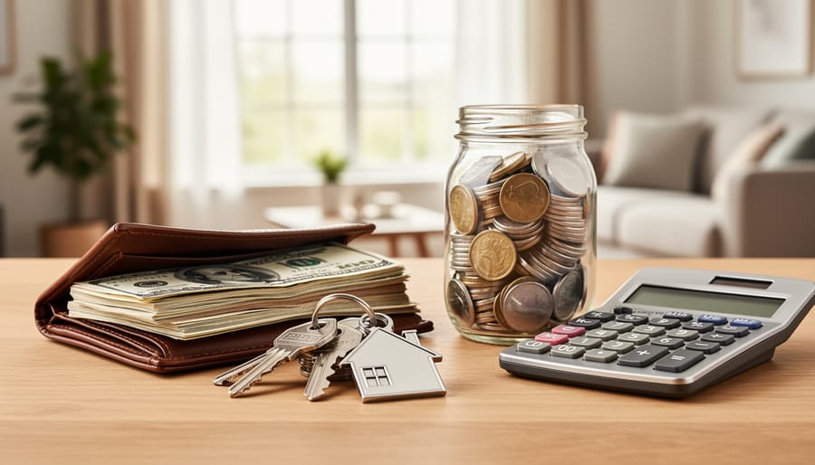 Home keys and down payment savings items on a countertop in a bright living space