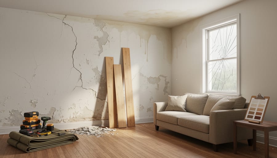 Homeowner inspecting a damaged window area inside a living room after a property loss