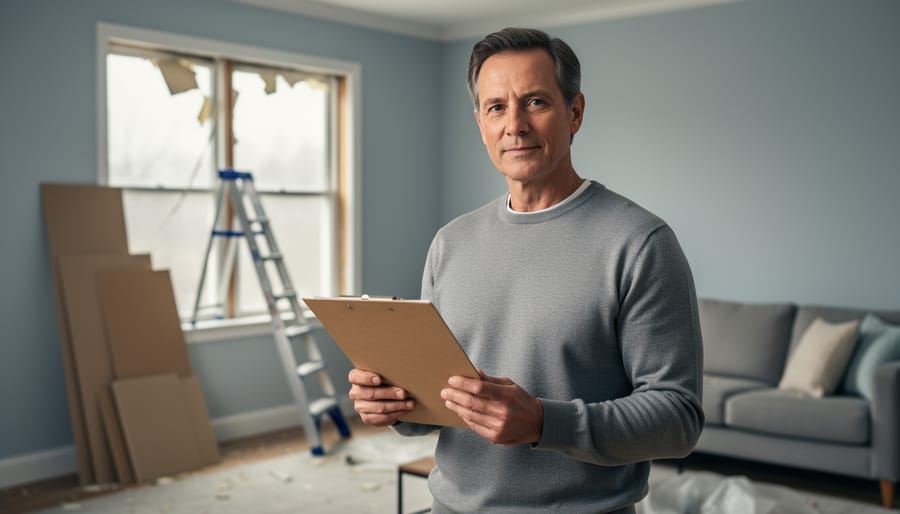 Homeowner holding an insurance claim folder in a partially repaired living room with visible damage near a window and repair materials in the background.