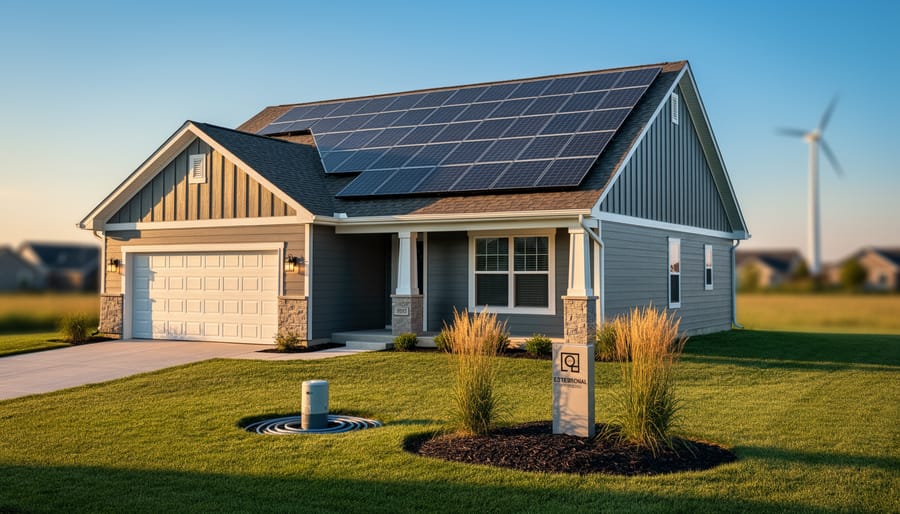 Rooftop solar panels on a modern Kansas home with warm sunlight and a distant wind turbine, representing renewable energy adoption.