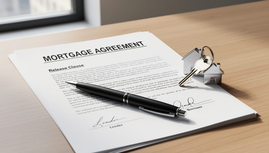 Mortgage documents and a key on a wooden table representing lender security and release requirements.