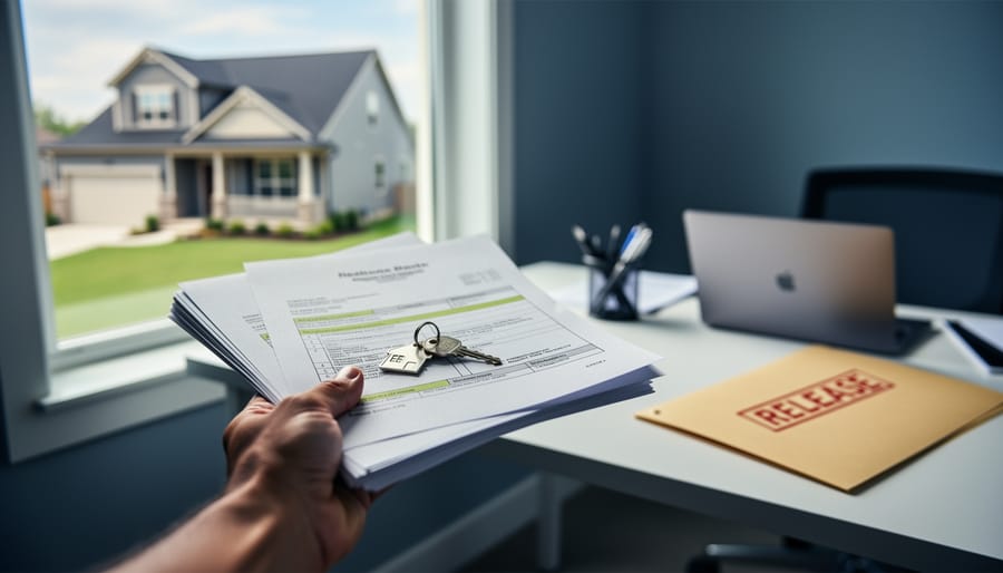 Mortgage documents and a key held in front of a suburban home, with blurred lender paperwork in the background to represent a release clause concept.