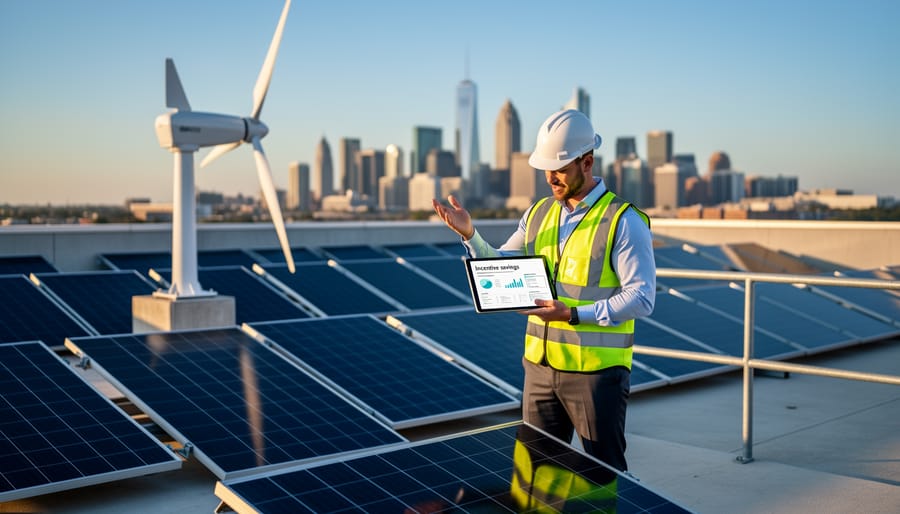 Property manager examining rooftop solar equipment and battery storage